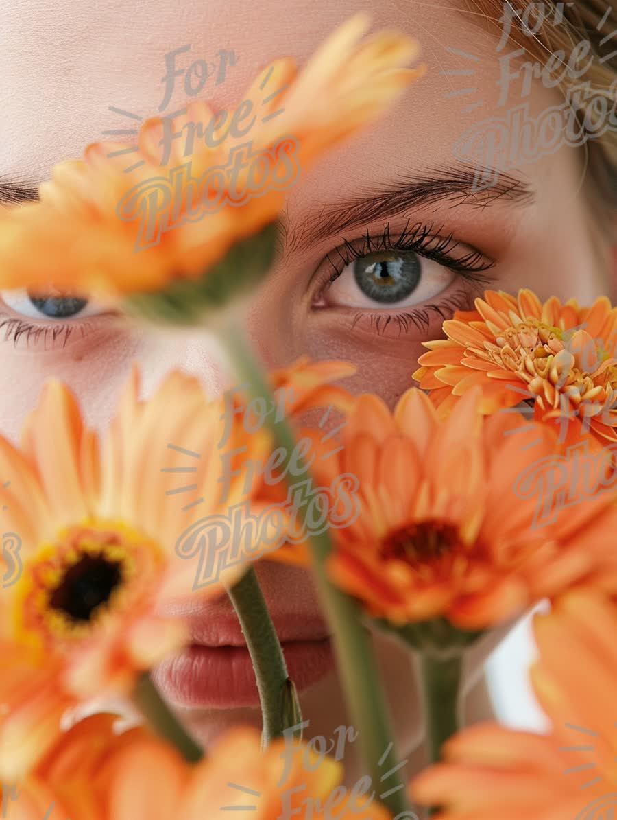 Radiant Beauty: Close-Up of a Woman's Face Surrounded by Vibrant Orange Gerbera Daisies