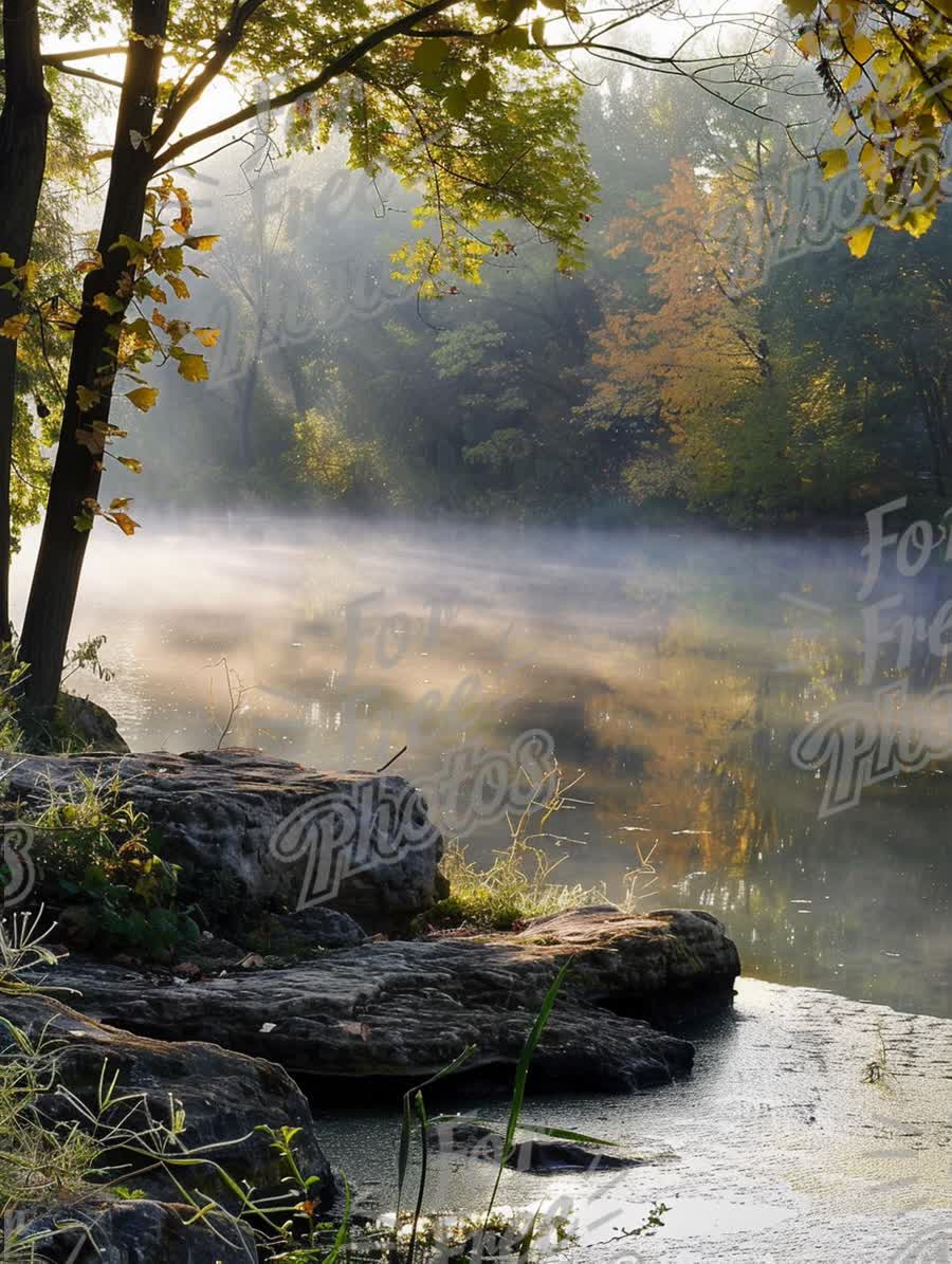 Serene Misty Morning by the River: Tranquil Nature Landscape with Autumn Foliage