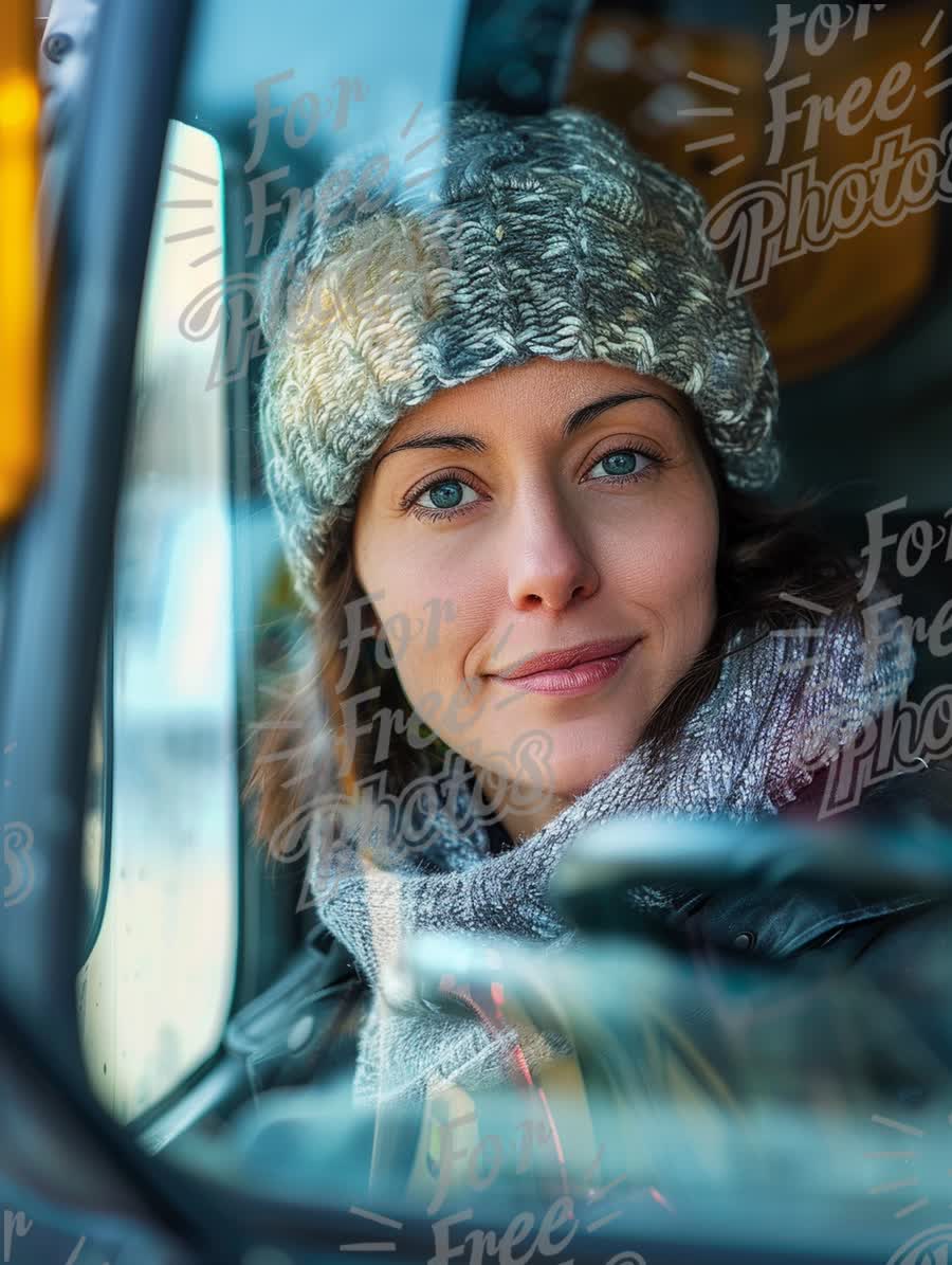 Smiling Woman in Cozy Winter Attire Inside Vehicle - Warmth and Comfort in Cold Weather