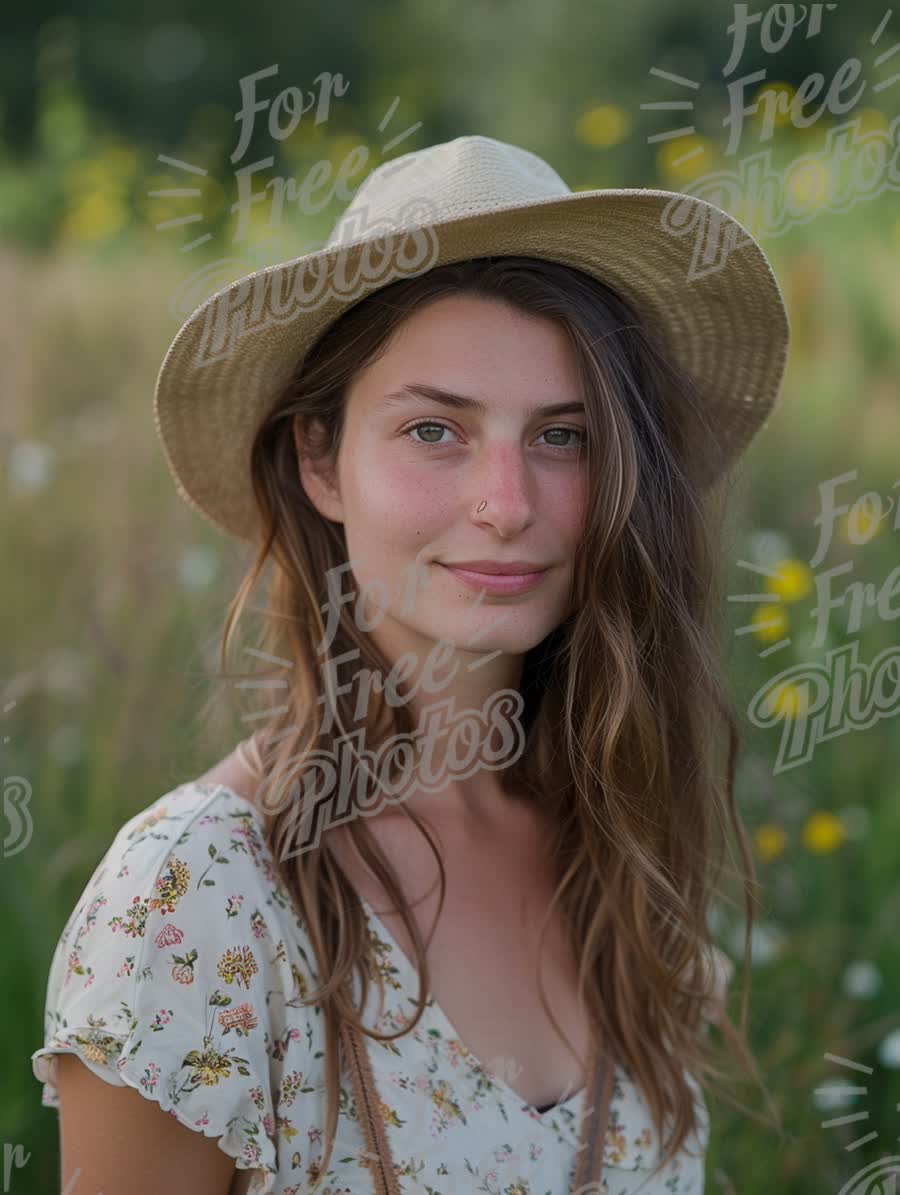 Natural Beauty in Floral Field: Young Woman with Sun Hat