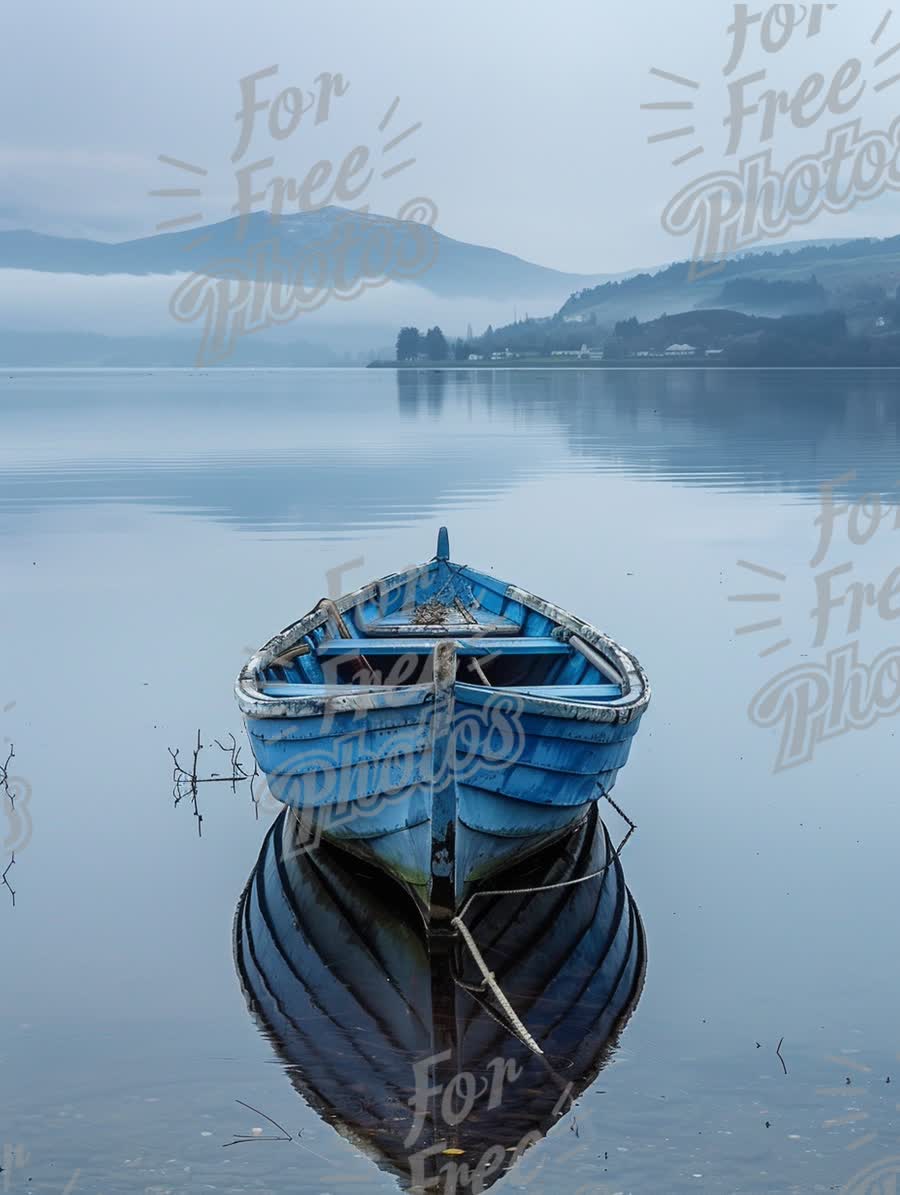 Tranquil Blue Boat on Serene Lake at Dawn