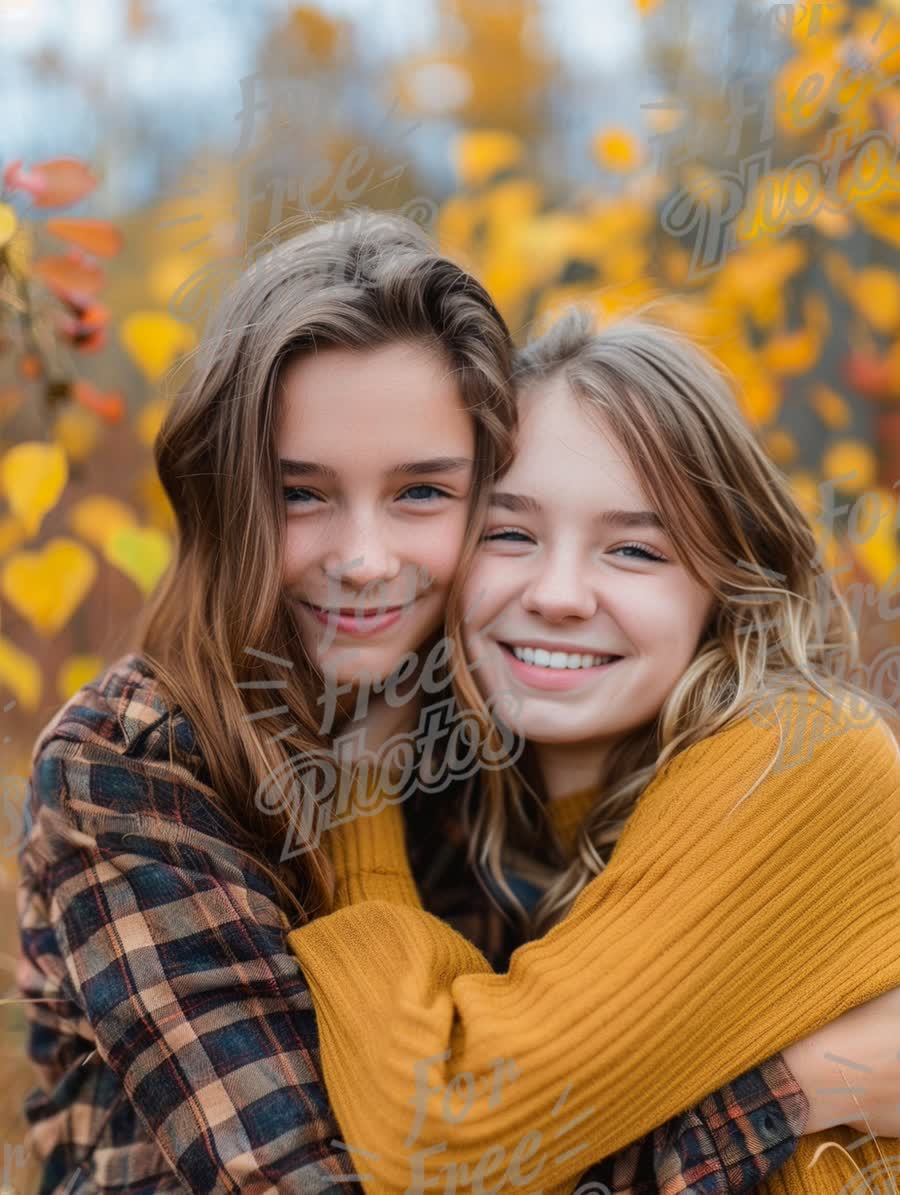 Joyful Friendship in Autumn: Two Young Women Embracing in a Colorful Fall Landscape