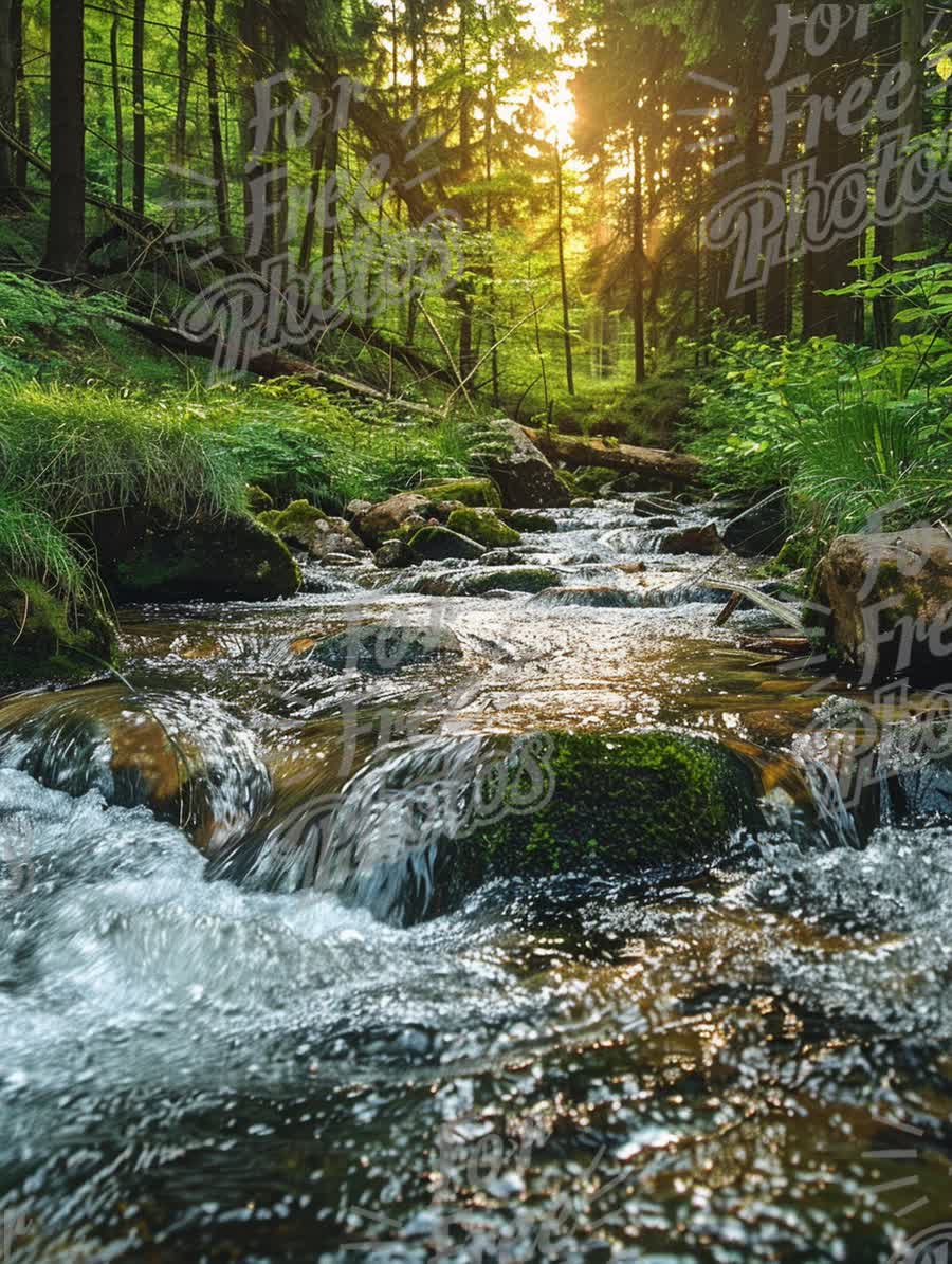 Tranquil Forest Stream at Sunset: Nature's Serenity and Refreshing Wilderness