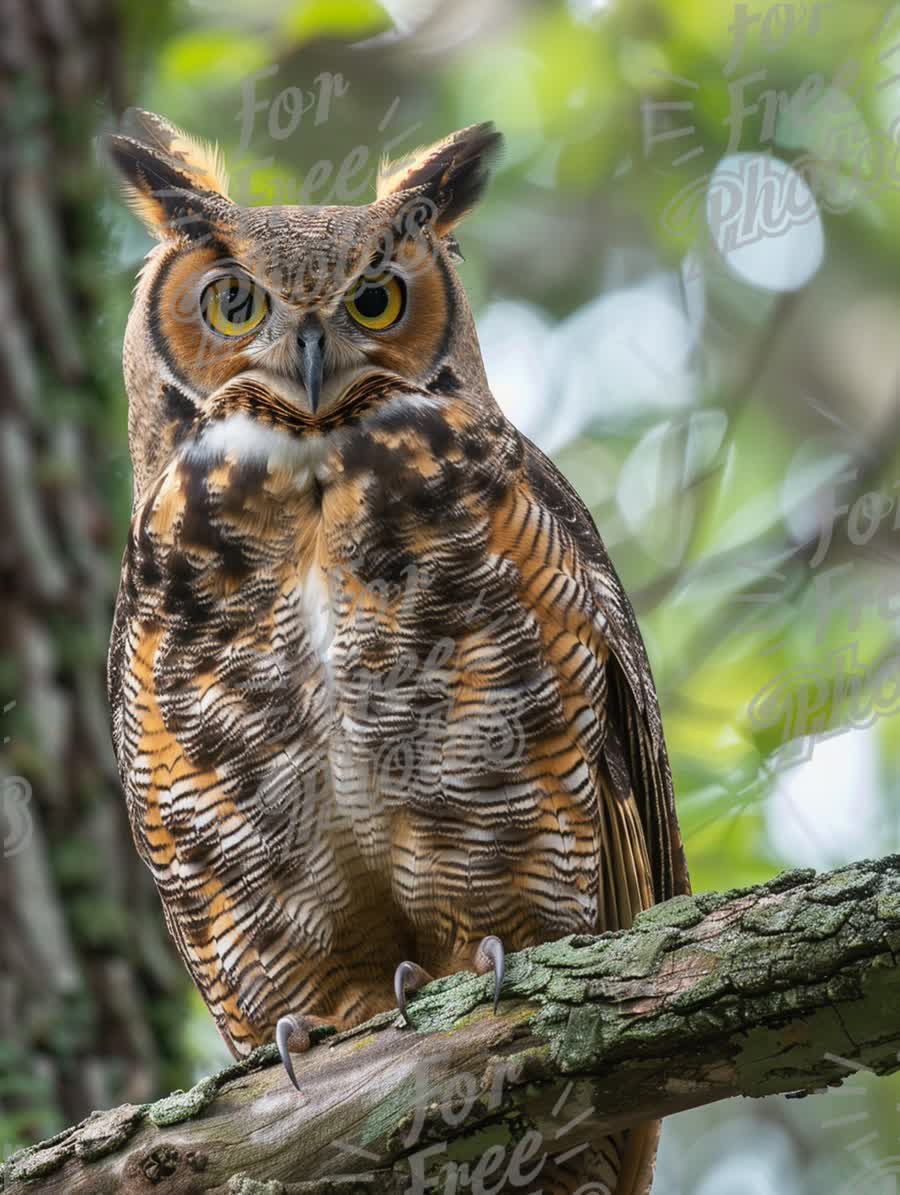 Majestic Great Horned Owl Perched on Tree Branch in Natural Habitat