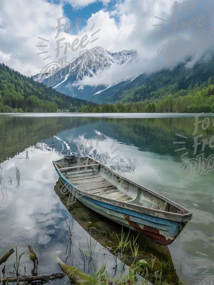 Tranquil Mountain Lake with Abandoned Boat and Reflections