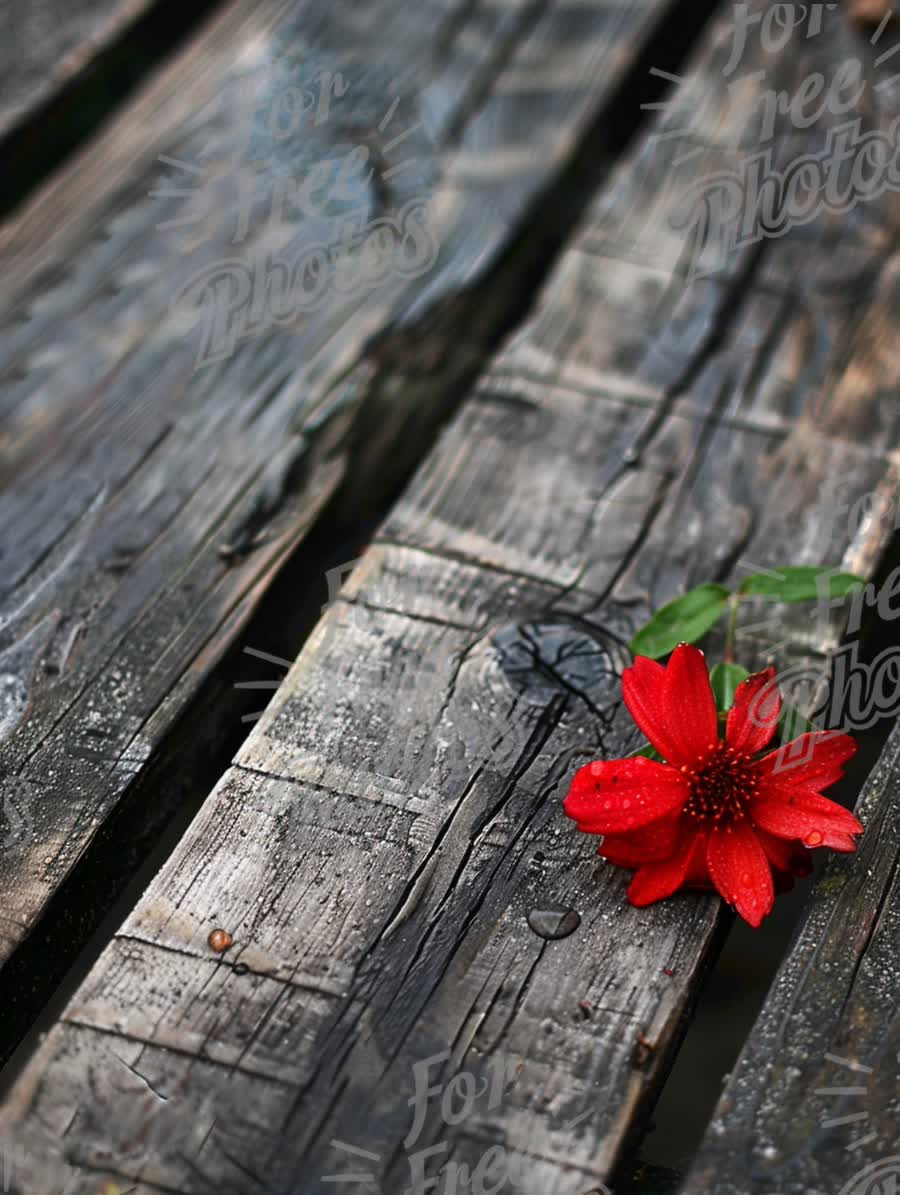 Vibrant Red Flower on Rustic Wooden Planks with Raindrops