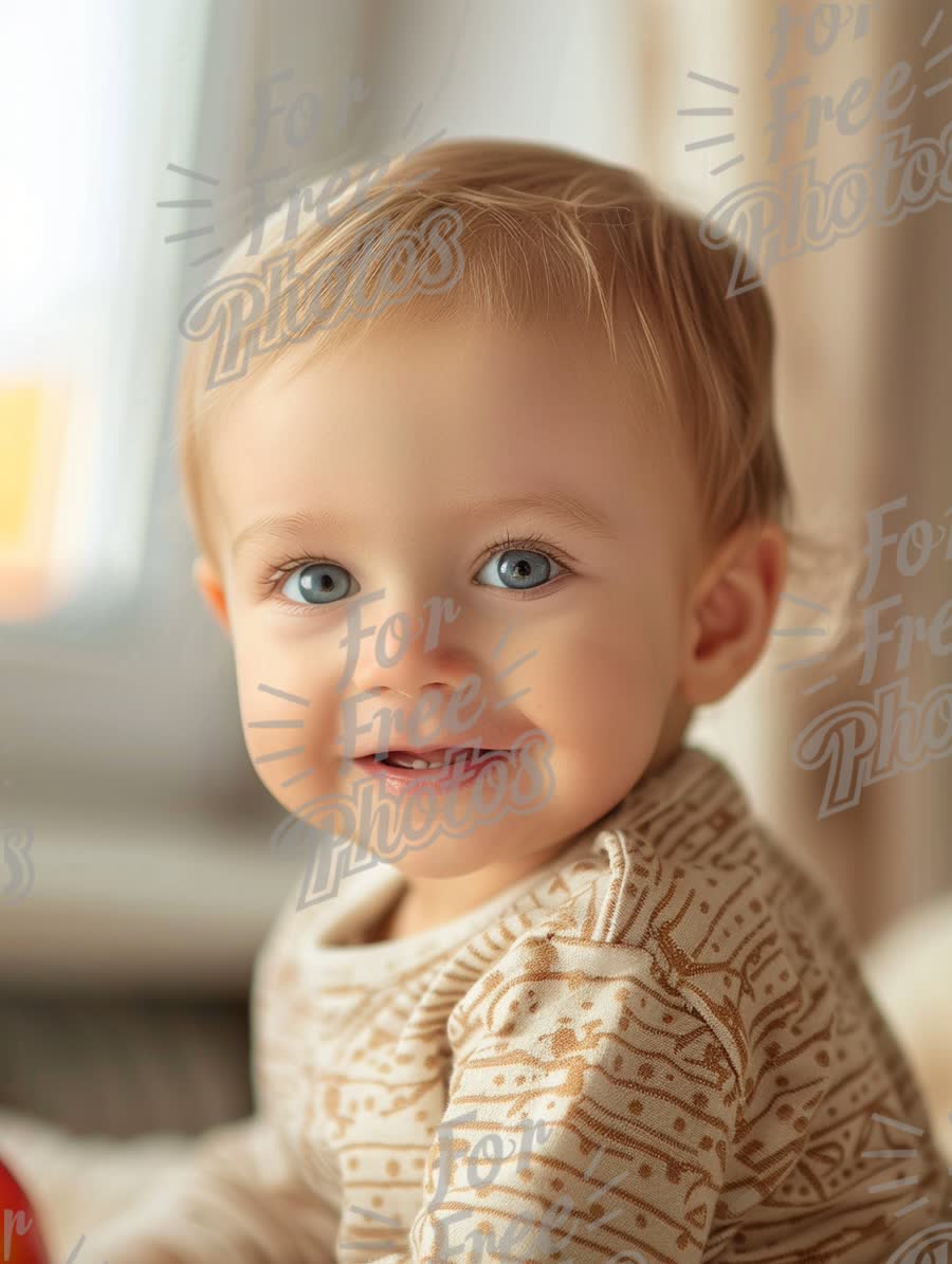 Adorable Baby Smiling with Bright Blue Eyes in Cozy Indoor Setting