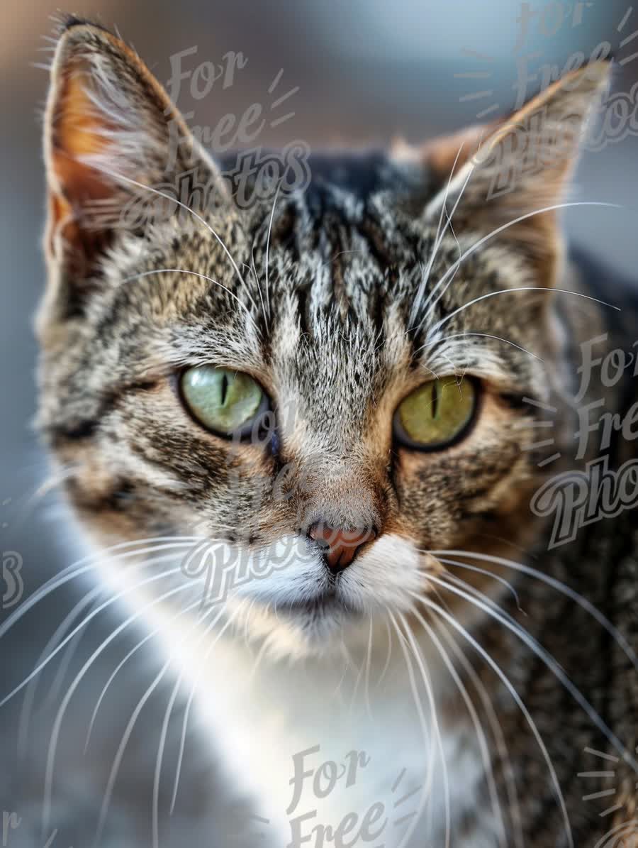 Close-Up of a Striped Domestic Cat with Green Eyes