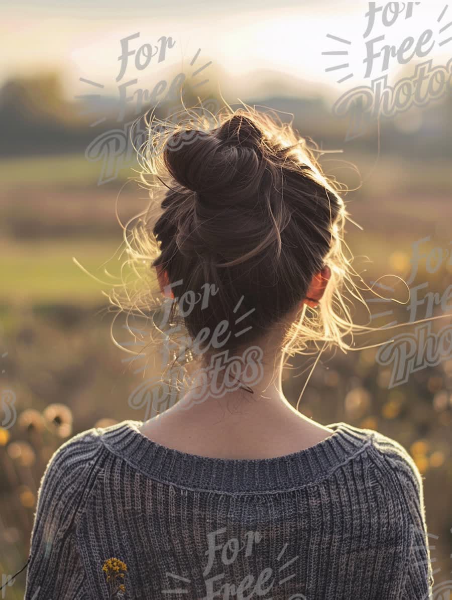 Serene Back View of Woman with Messy Bun in Nature at Sunset