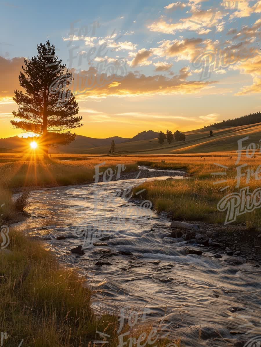 Serene Sunset Over Tranquil Stream in Golden Meadow