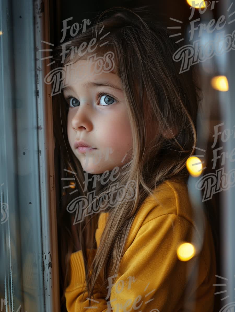 Contemplative Child by Window with Fairy Lights