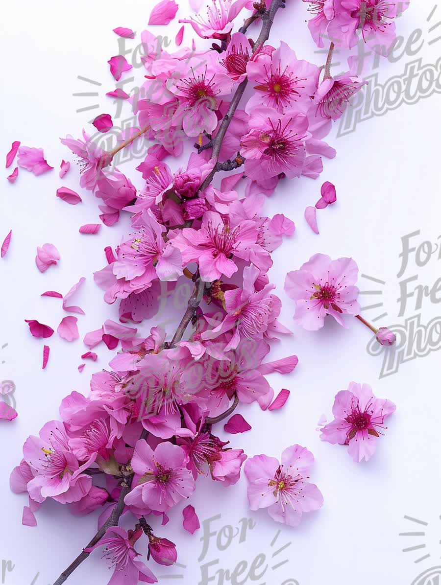 Beautiful Cherry Blossom Branch with Petals on White Background - Spring Floral Aesthetic