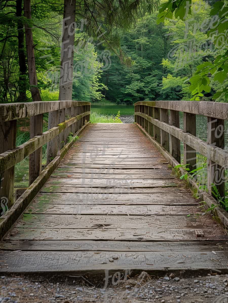 Tranquil Wooden Bridge Over Serene Lake in Lush Green Forest