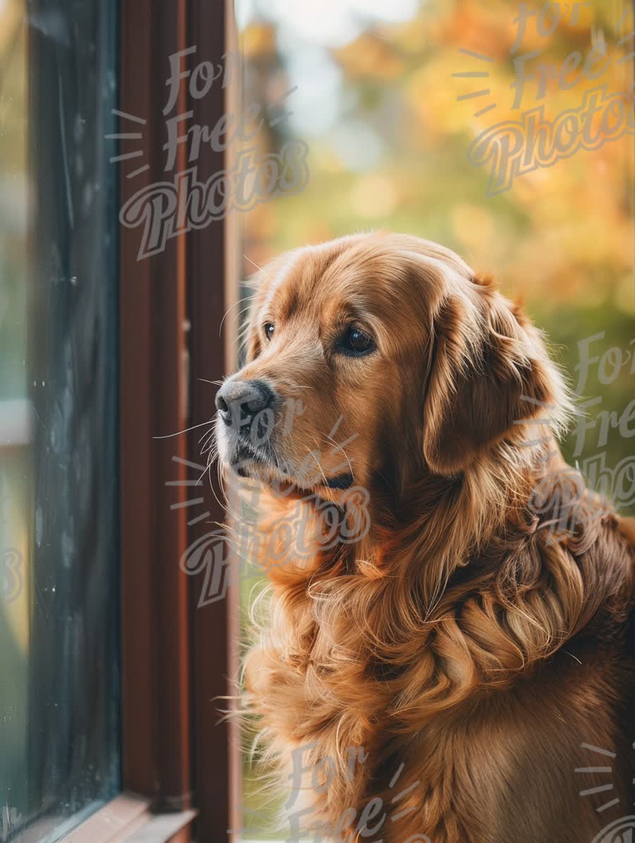 Golden Retriever Gazing Out the Window in Autumn Light