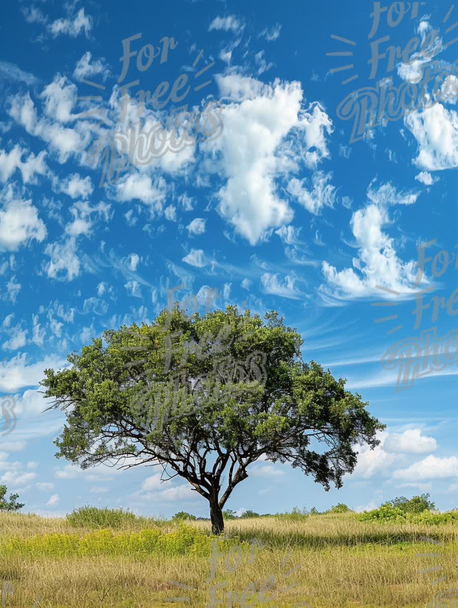 Solitary Tree Against a Bright Blue Sky with Wispy Clouds - Nature Landscape