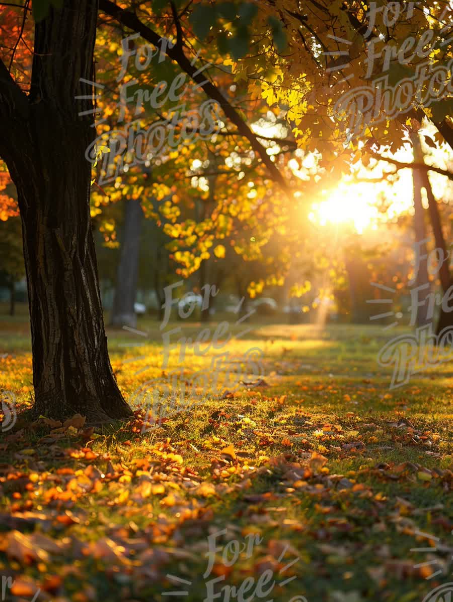 Golden Autumn Sunset Through Colorful Leaves in a Tranquil Park