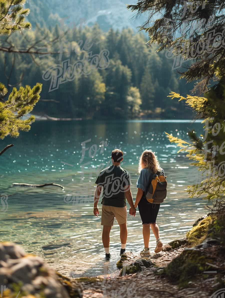 Couple Enjoying a Serene Lakeside Stroll in Nature