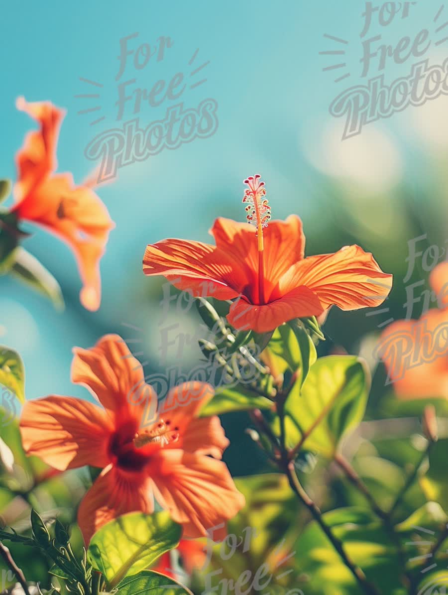 Vibrant Orange Hibiscus Flowers in Bloom Against a Clear Blue Sky