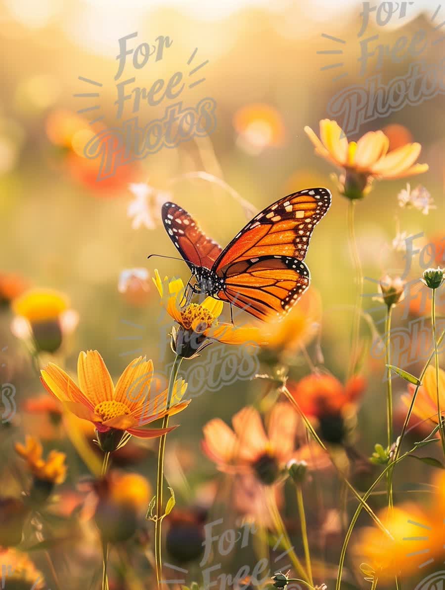 Enchanting Monarch Butterfly on Vibrant Wildflowers in Soft Sunrise Glow