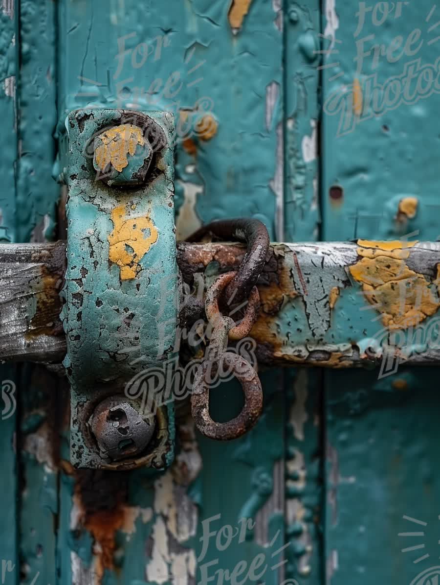 Rustic Lock and Chain on Weathered Teal Door: Vintage Texture and Detail