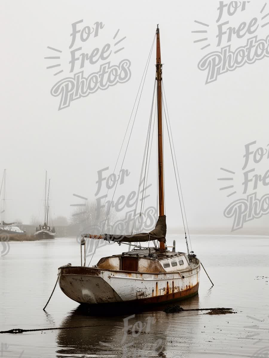 Abandoned Sailboat in Foggy Waters: Serene Maritime Landscape