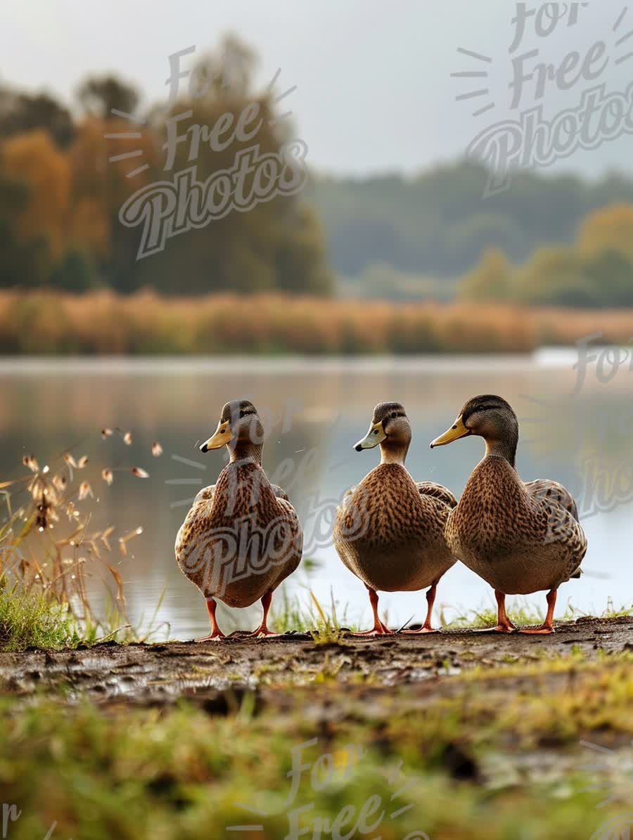 Tranquil Scene of Three Ducks by the Water's Edge in Autumn