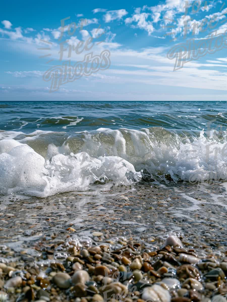 Tranquil Seascape: Waves Crashing on Pebble Beach Under Blue Sky