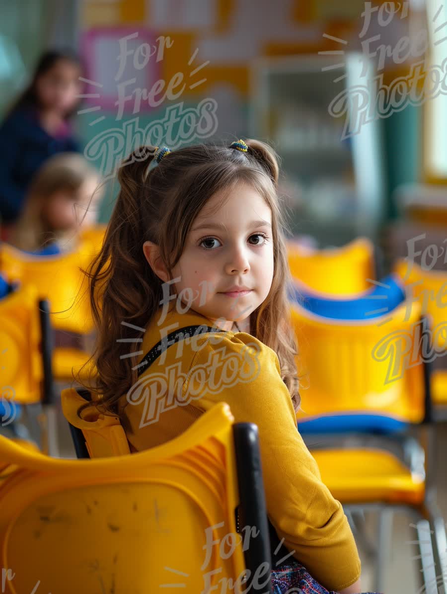 Curious Child in Classroom Setting with Colorful Chairs