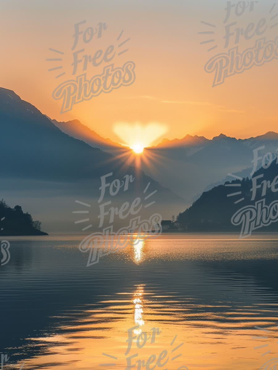 Heart-Shaped Sunrise Over Serene Lake and Mountains