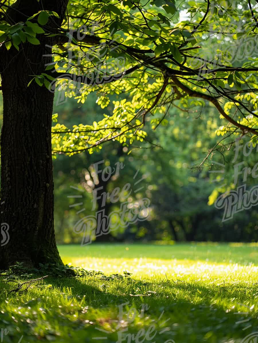 Serene Sunlit Park Scene with Lush Greenery and Tree Canopy