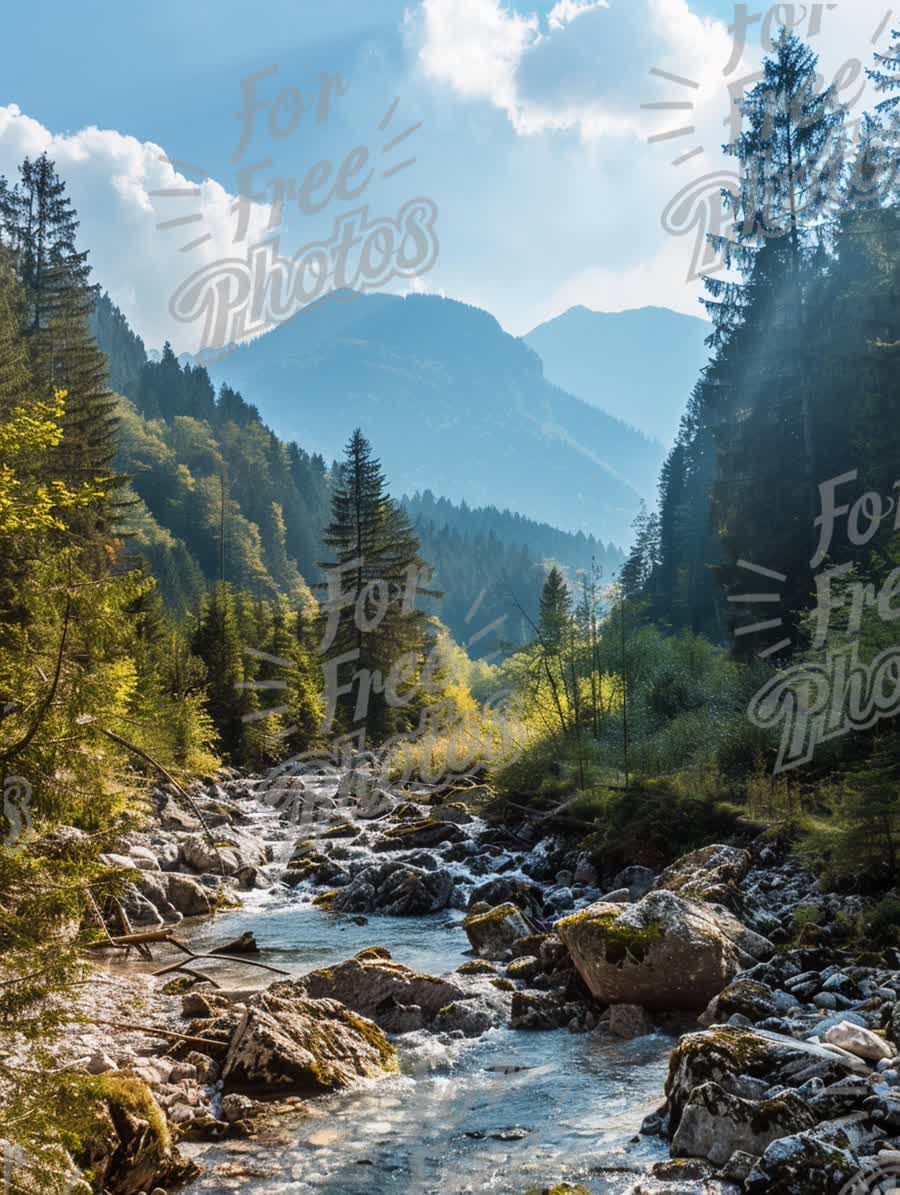 Serene Mountain Landscape with Flowing River and Lush Forest