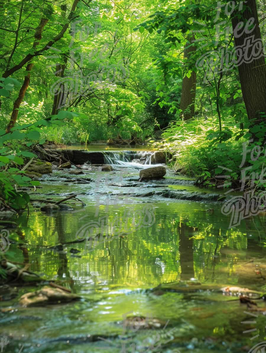 Tranquil Forest Stream: Lush Greenery and Serene Reflections in Nature