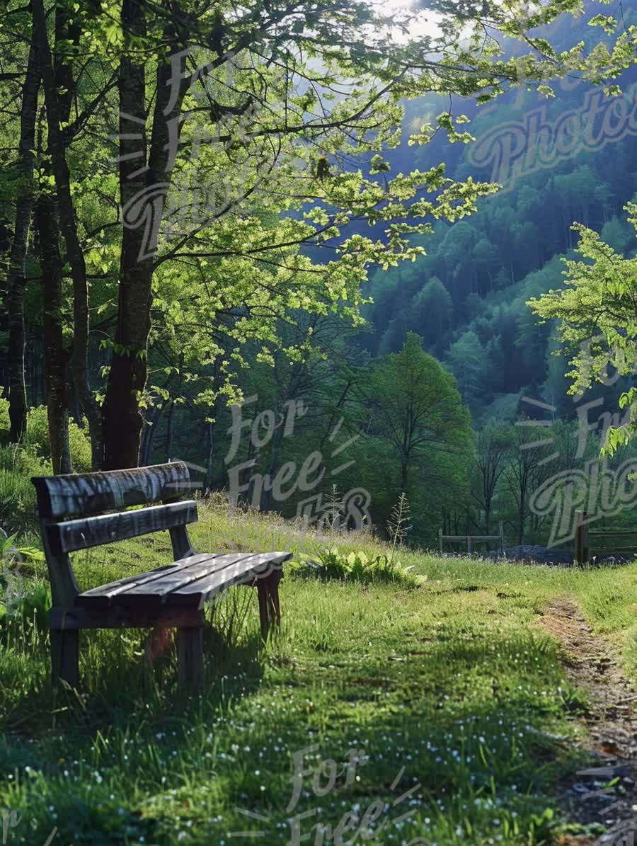 Tranquil Forest Bench Surrounded by Lush Greenery and Sunlight