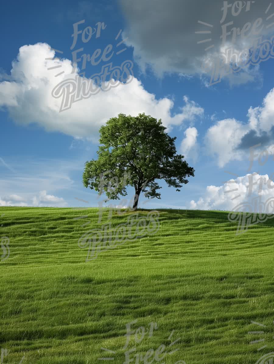 Solitary Tree on Lush Green Hill Under Dramatic Sky