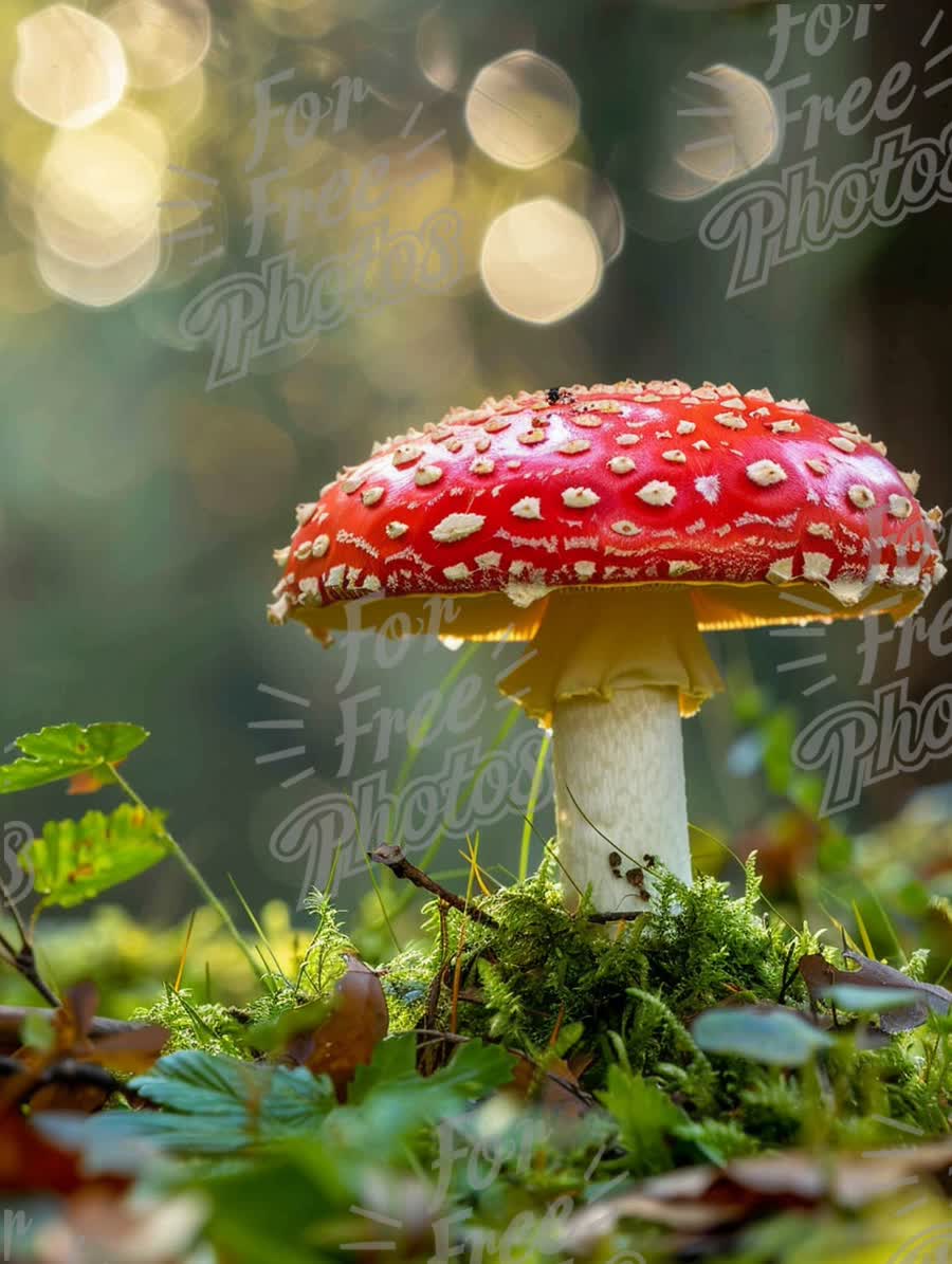 Vibrant Red Mushroom in Enchanted Forest with Bokeh Background