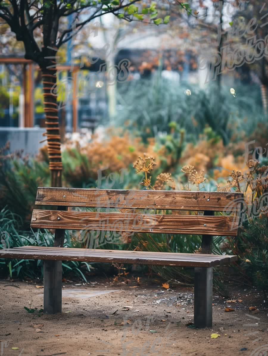 Tranquil Park Bench Surrounded by Lush Greenery in Urban Garden