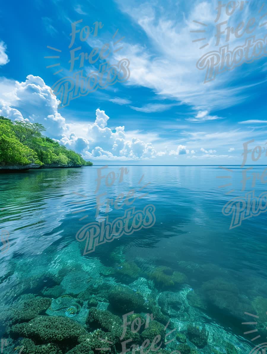 Tranquil Tropical Seascape with Clear Blue Waters and Lush Greenery