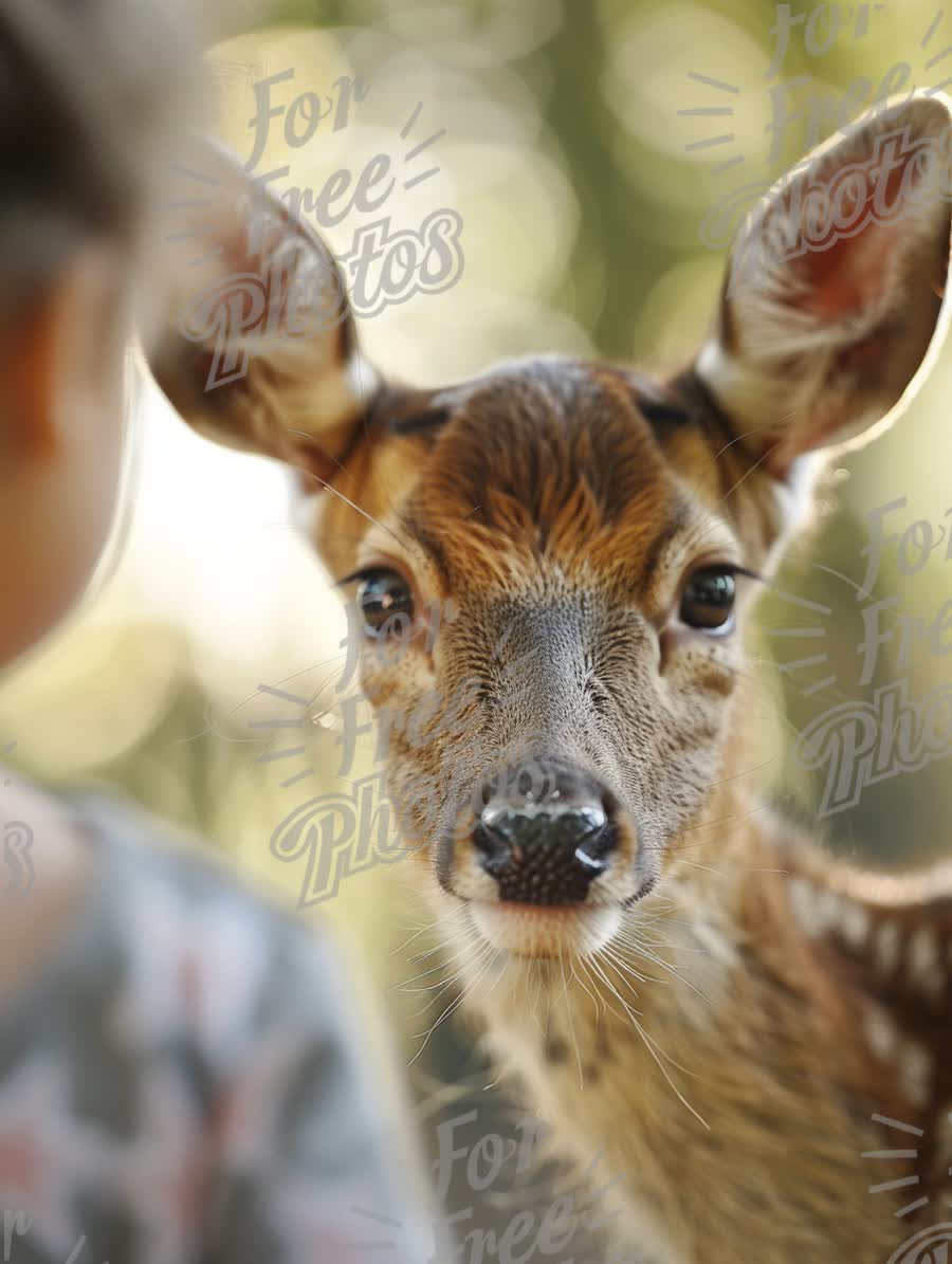 Close-Up of a Curious Fawn Interacting with a Child in Nature