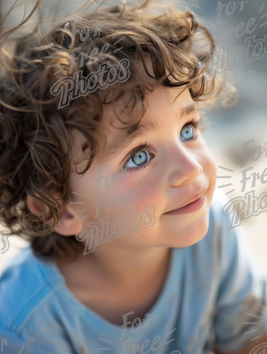 Joyful Child with Curly Hair and Bright Blue Eyes Outdoors