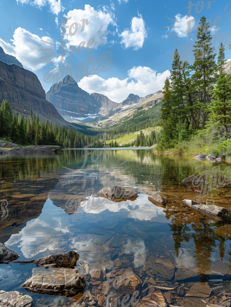 Serene Mountain Lake Reflection with Lush Greenery and Dramatic Sky