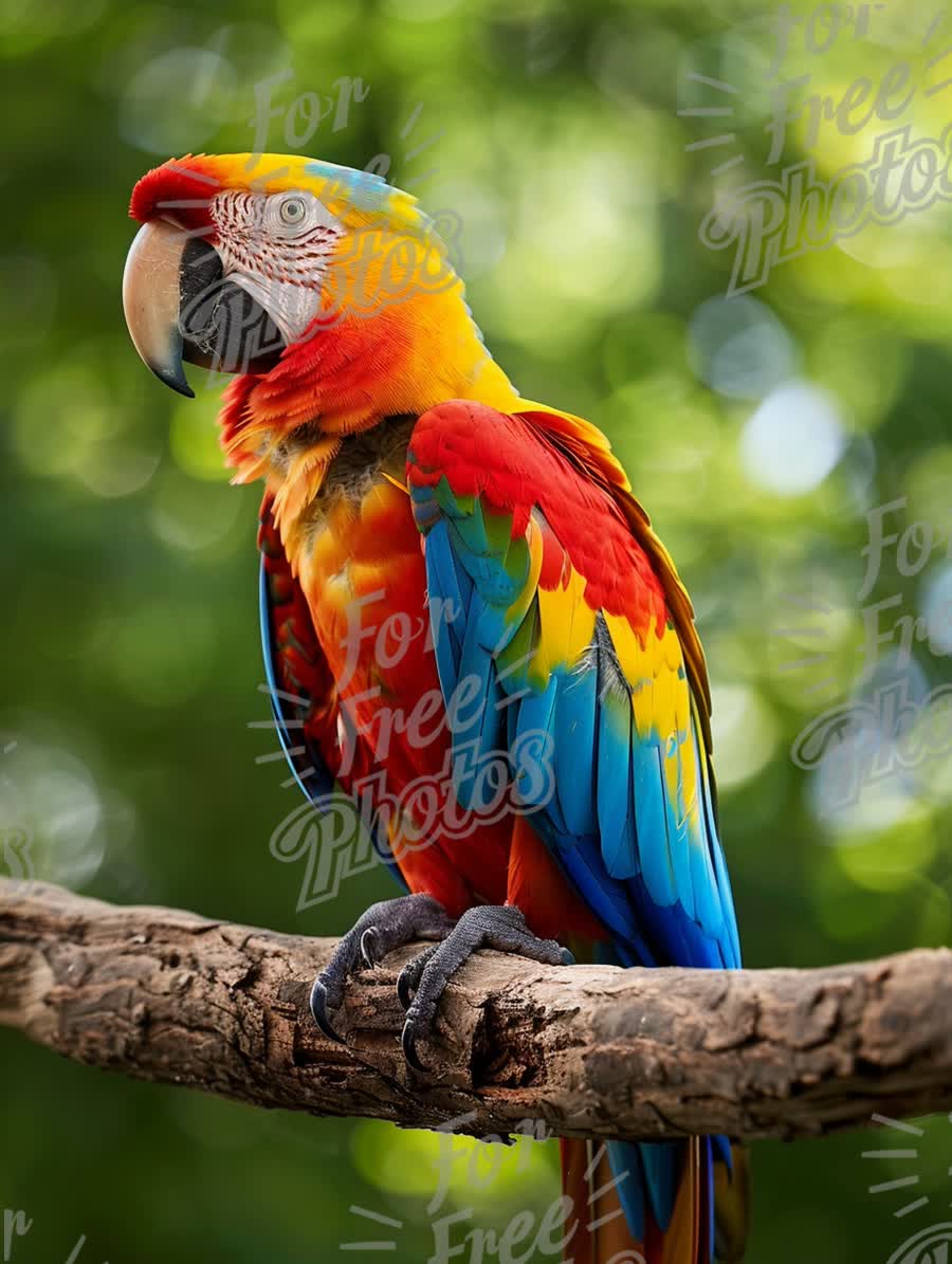 Vibrant Macaw Perched on a Branch in Lush Greenery - Exotic Wildlife Photography