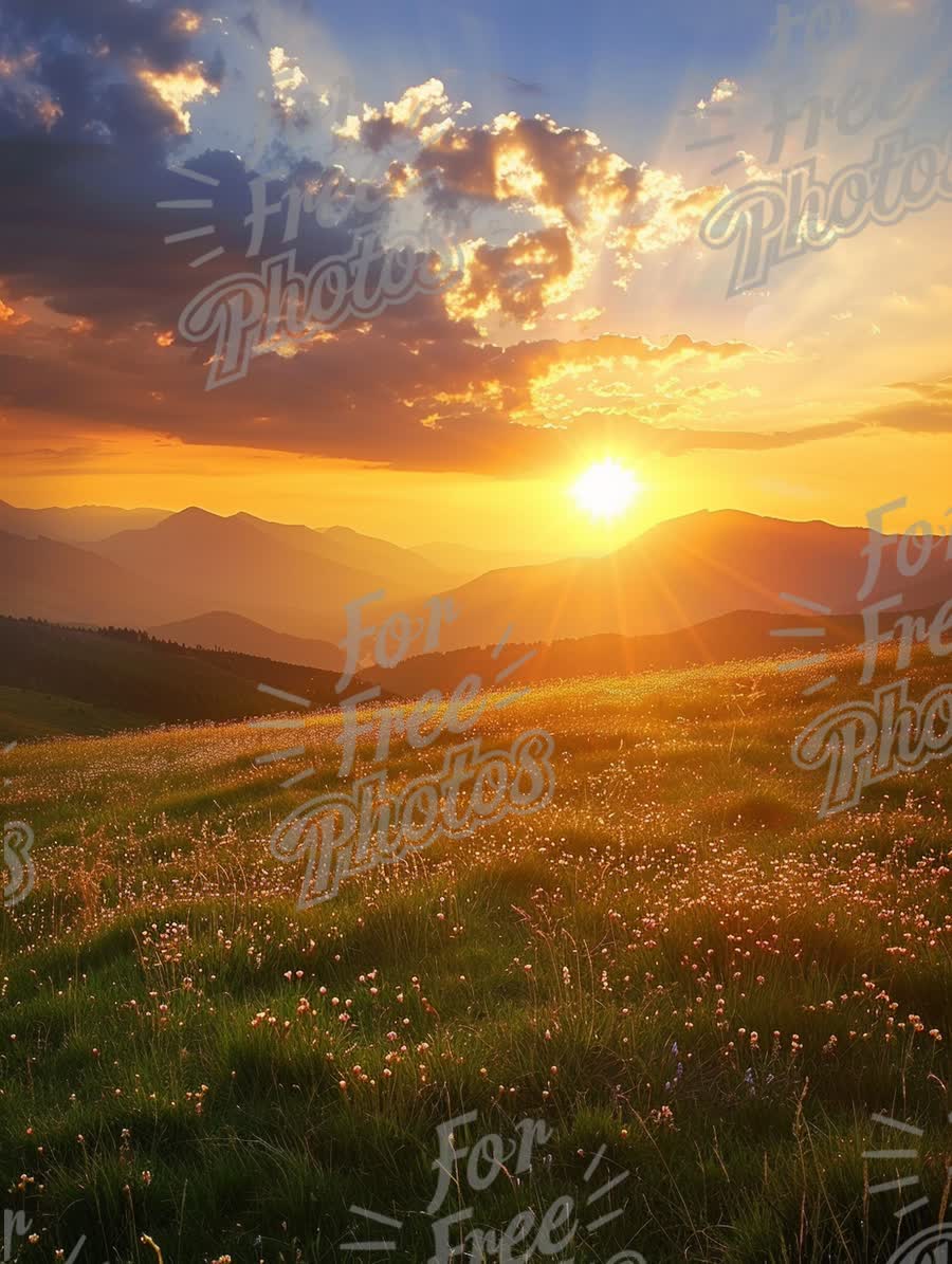 Stunning Sunset Over Mountain Landscape with Vibrant Sky and Wildflowers