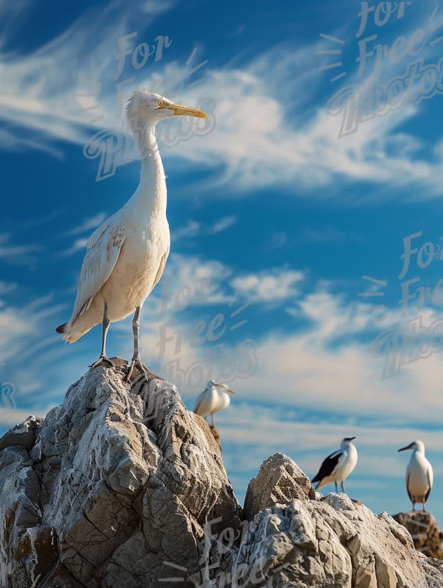 Majestic Egret on Rocky Outcrop Against Blue Sky - Nature Wildlife Photography