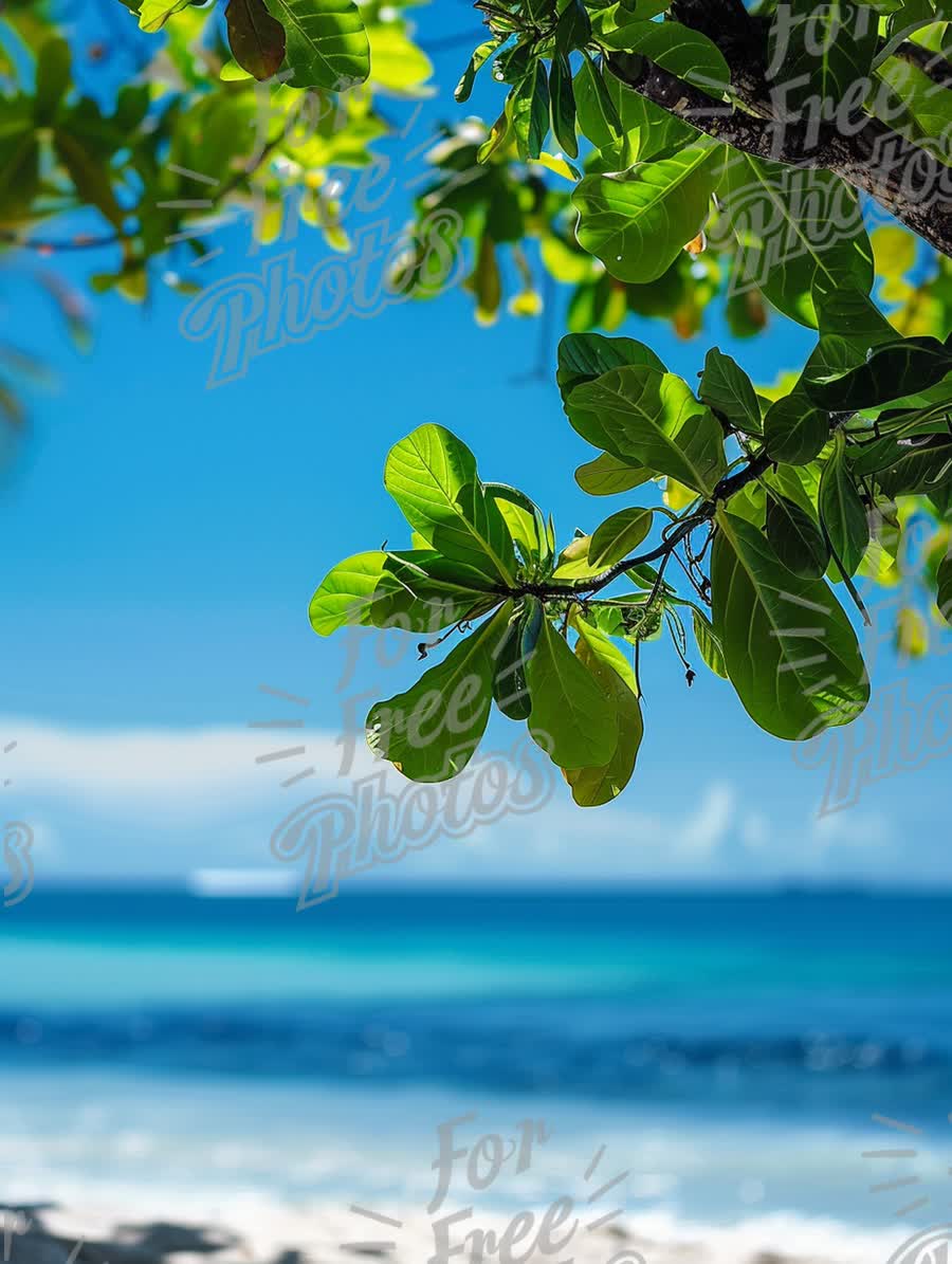 Tropical Beach Serenity: Lush Green Leaves Framing a Tranquil Ocean View