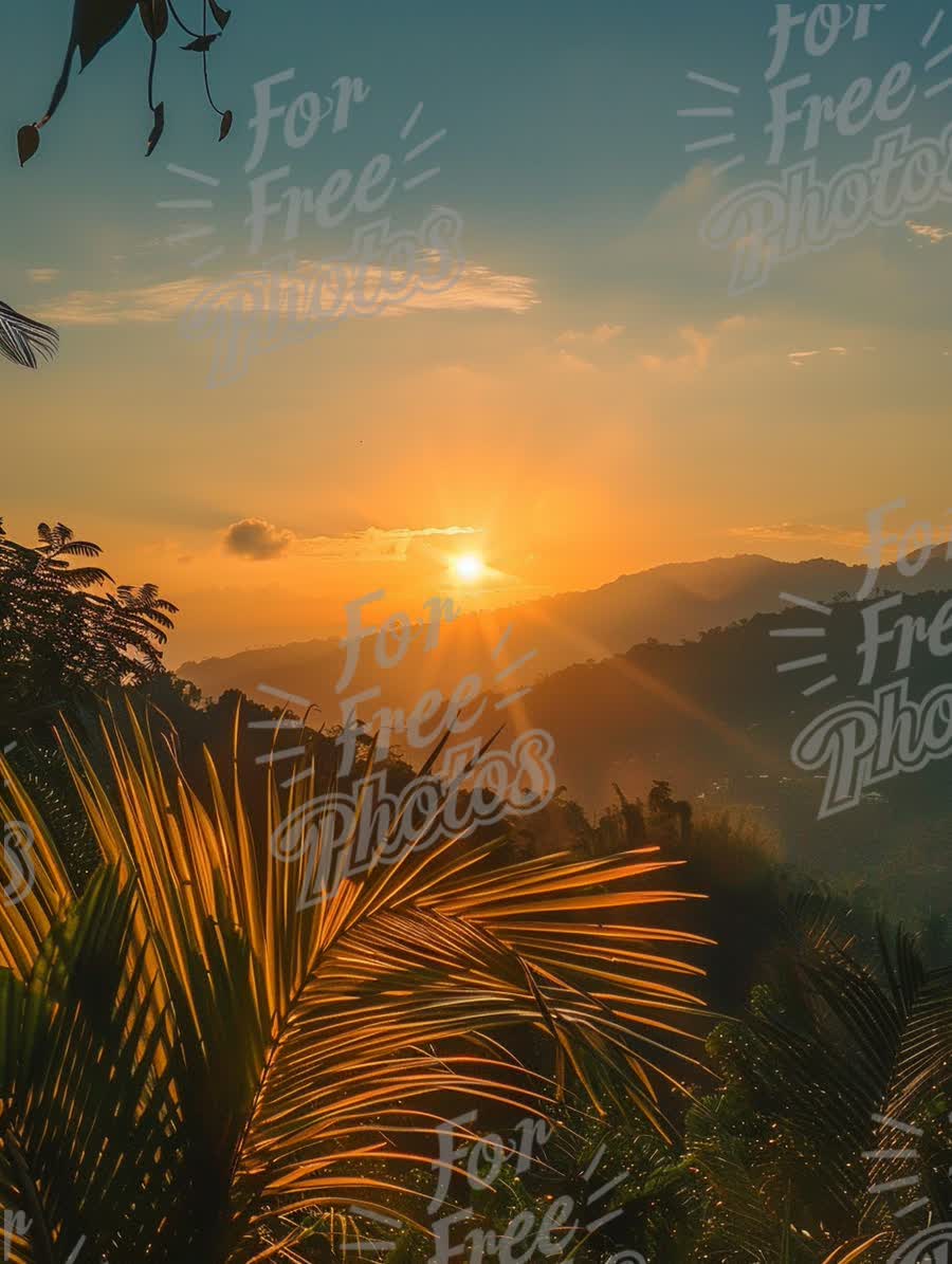 Stunning Tropical Sunset Over Mountain Landscape with Lush Palm Silhouettes