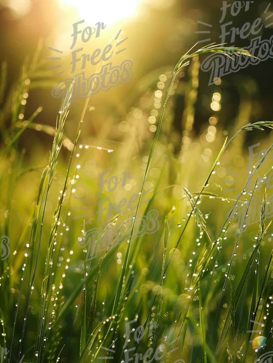 Morning Dew on Lush Green Grass with Sunlight Bokeh