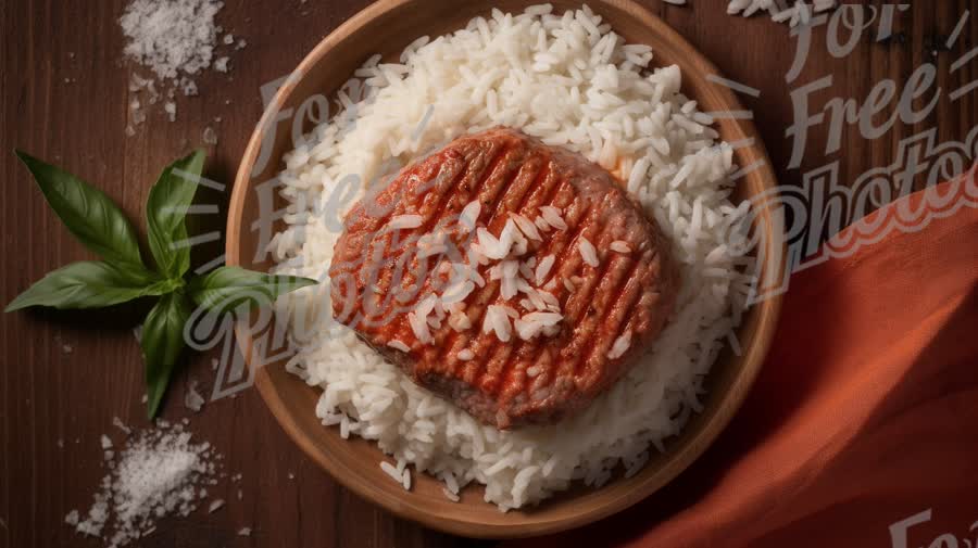 Delicious Grilled Salmon Fillet on a Bed of Fluffy White Rice with Fresh Basil Garnish