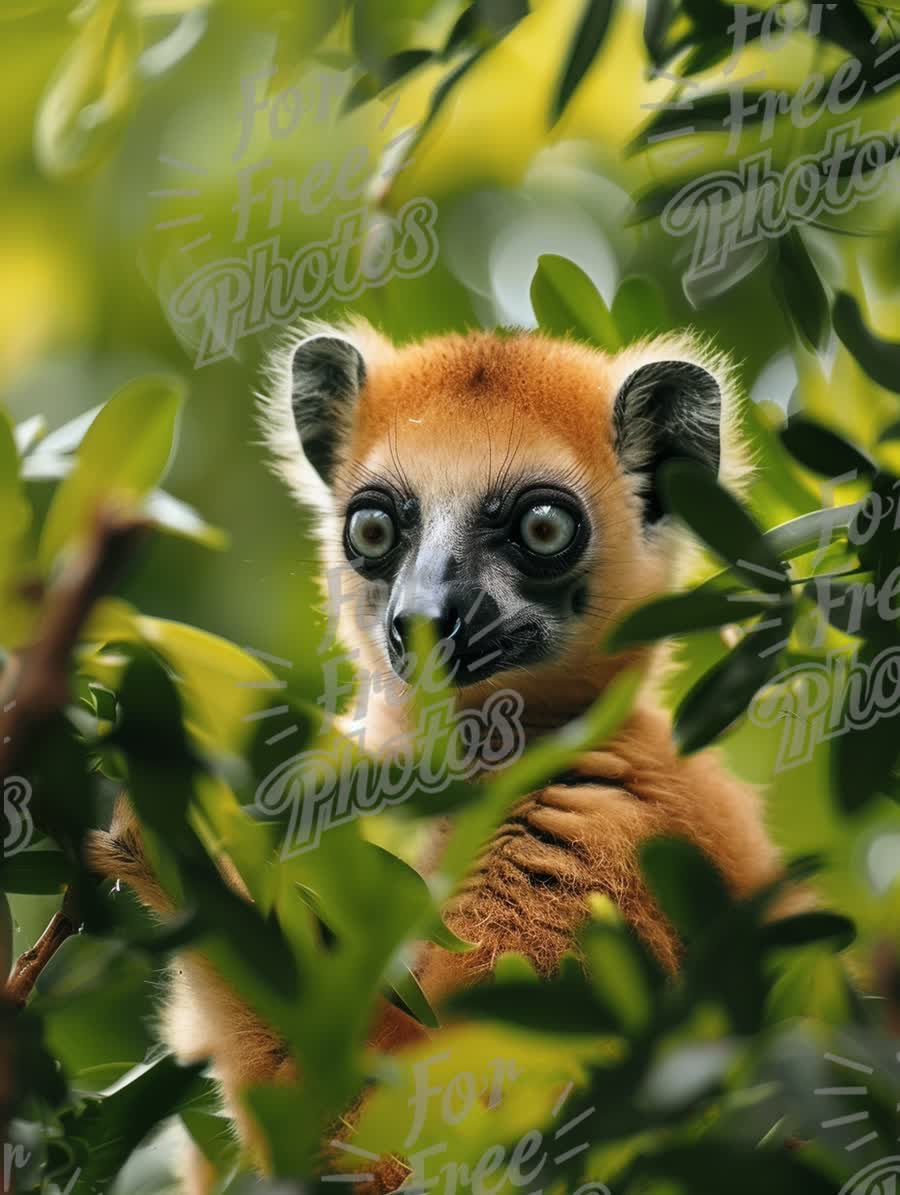 Curious Lemur Peeking Through Lush Green Foliage - Wildlife Photography