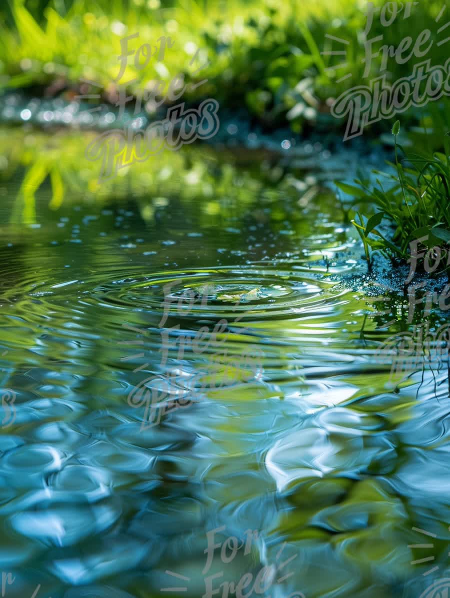 Tranquil Reflections: Serene Water Ripples in a Lush Green Landscape