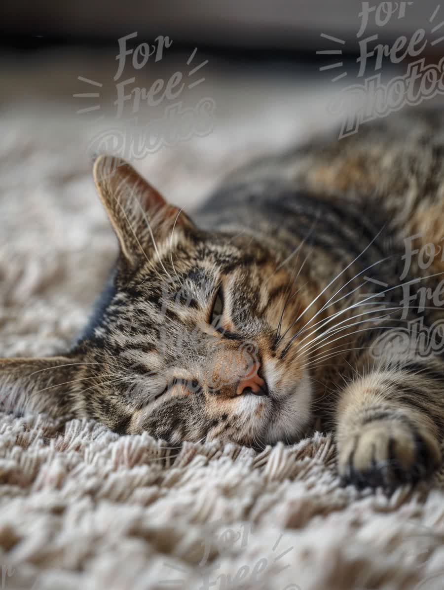 Relaxed Tabby Cat Sleeping on Soft Carpet